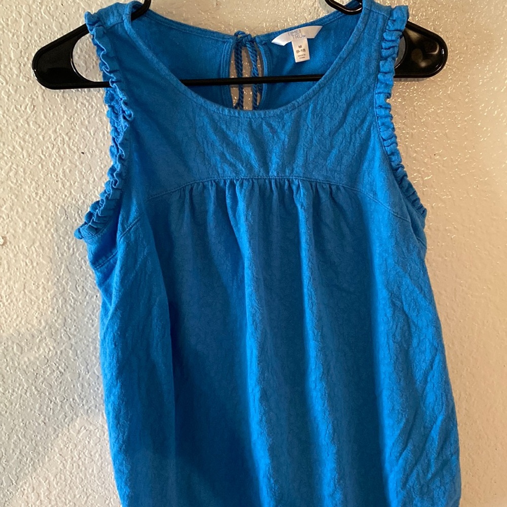Time & Tru size M (8-10) blue, ruffles, tie, textured fabric. Good condition.